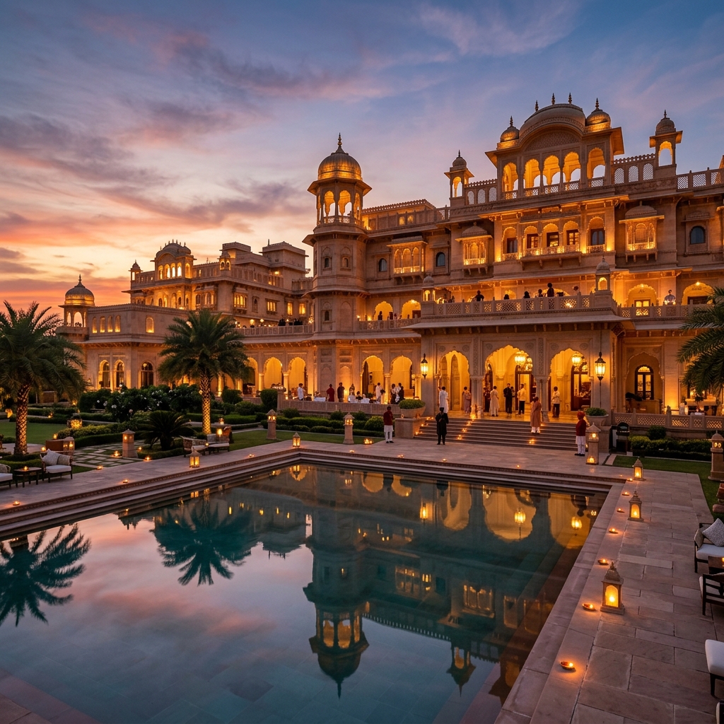 Hotel Dhanraj Exterior at Sunset